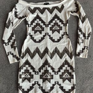 Express off-the-shoulder Cream & Sequin Long-Sleeve Dress